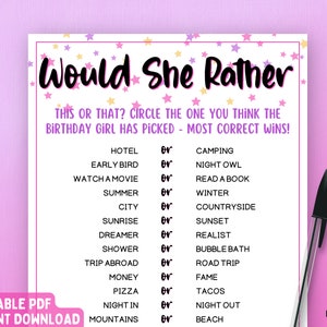 Would She Rather Birthday Game | Birthday Game for Her | Adult Birthday Party Game | Printable Birthday Game | Birthday Girl | Adult Game