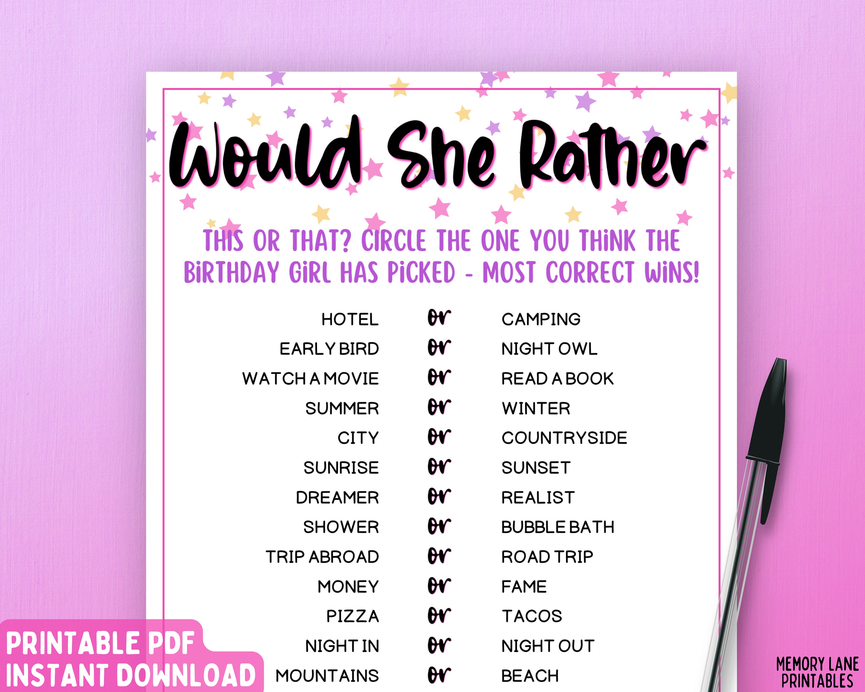 Would She Rather Birthday Game Birthday Game for Her Adult Birthday ...