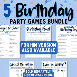 May include: A set of five printable birthday party games for a boy. The games are titled "Younger or Older", "Birthday Feud", "Who Knows the Birthday Boy Best?", "Would He Rather", and "Ever or Never?" The games are designed with a blue and orange color scheme and feature stars.