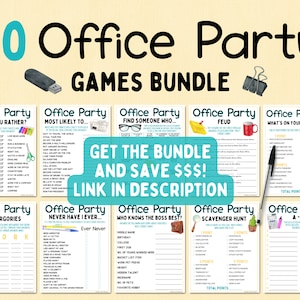 May include: A printable bundle of 10 office party games. The games include "Would You Rather", "Most Likely To", "Find Someone Who", "Feud", "What's On Your Phone", "Scattergories", "Never Have I Ever", "Who Knows The Boss Best", "Scavenger Hunt", and "A-Z".