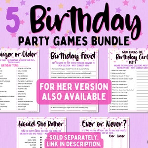 May include: A pink and purple printable party game bundle for a birthday celebration. The bundle includes five games: Younger or Older, Birthday Feud, Who Knows the Birthday Girl Best?, Would She Rather, and Ever or Never. The games are designed for a girl's birthday party.
