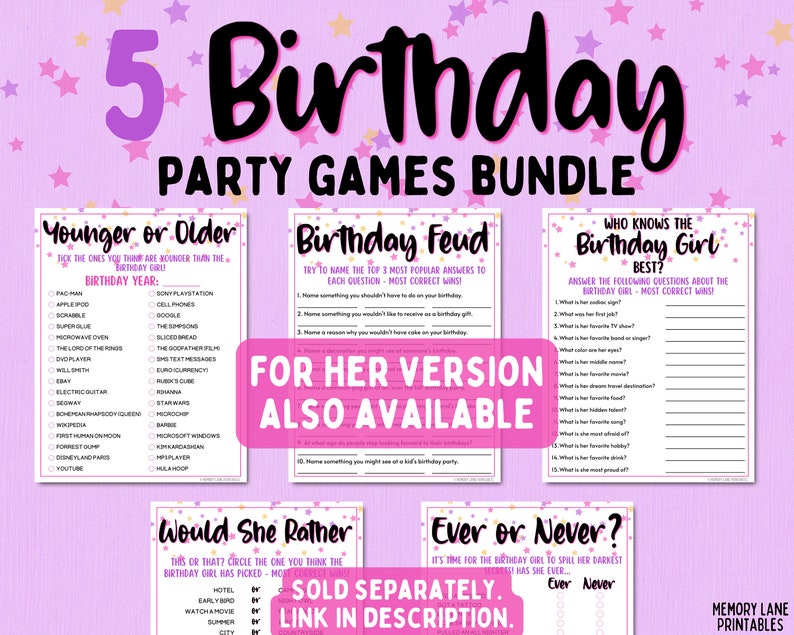 May include: A pink and purple printable party game bundle for a birthday celebration. The bundle includes five games: Younger or Older, Birthday Feud, Who Knows the Birthday Girl Best?, Would She Rather, and Ever or Never. The games are designed for a girl's birthday party.
