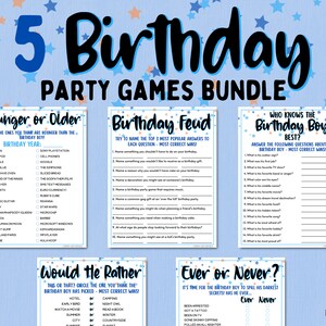 May include: A set of five printable birthday party games for kids. The games include "Younger or Older", "Birthday Feud", "Who Knows the Birthday Boy Best?", "Would He Rather", and "Ever or Never?" The games are designed with a blue and orange color scheme and feature stars.