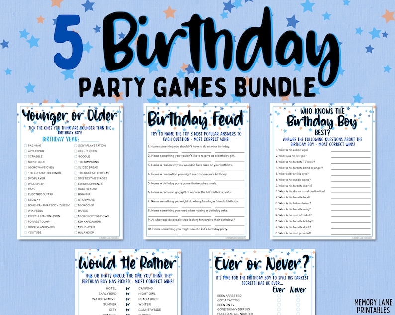 May include: A set of five printable birthday party games for kids. The games include "Younger or Older", "Birthday Feud", "Who Knows the Birthday Boy Best?", "Would He Rather", and "Ever or Never?" The games are designed with a blue and orange color scheme and feature stars.