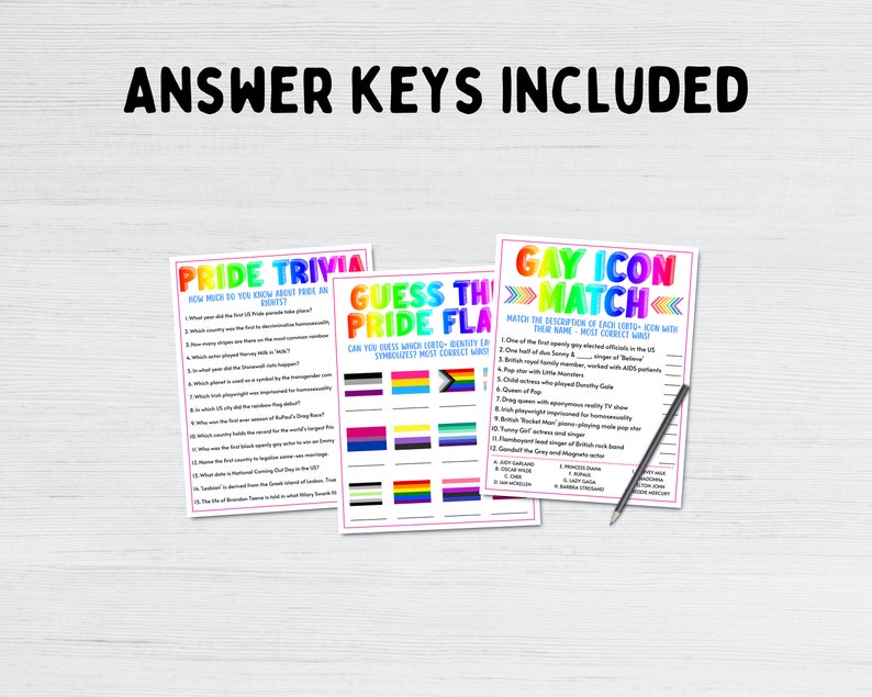 Pride Party Games Bundle 5 LGBTQ Pride Games Pride Trivia Games Rainbow Gay Lesbian Party Games Printable Pride Games Adult Games image 3