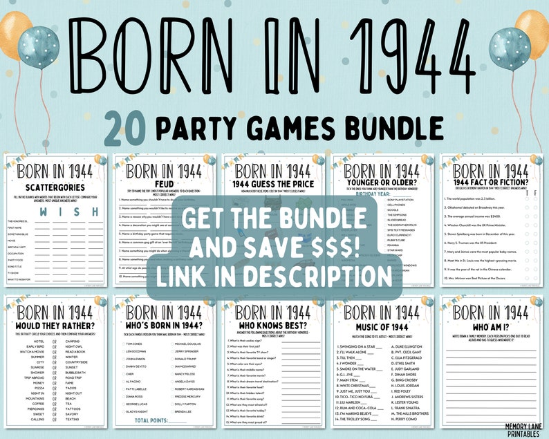 80th Birthday Party Games Bundle Born in 1944 Games 80th Birthday Games Fun Printable Games Party Games Adult Games Family Game image 8