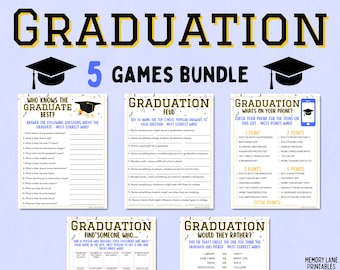 May include: A graduation-themed game bundle featuring five different games. The games include 'Who Knows the Graduate Best?', 'Graduation Feud', 'What's on Your Phone?', 'Find Someone Who...', and 'Would They Rather?'. Each game has a black graduation cap graphic.