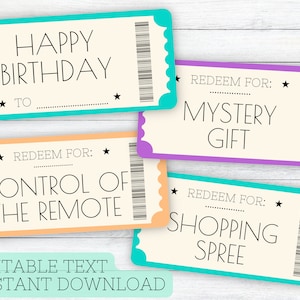 Birthday Coupon Book | Editable Birthday Vouchers | Printable Ticket Template | Surprise Birthday Gift Idea | Personalized For Him, For Her