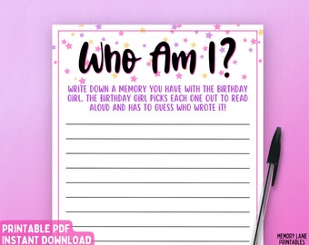 Who Am I Game | Birthday Game for Her | Memory with Birthday Girl Game | Adult Birthday Party Game | Printable Birthday Game | Adult Game