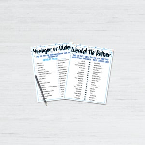 May include: Two printable game cards with blue and white text on a white background. The first card is titled "Younger or Older" and asks players to guess if the birthday boy is younger or older than the year listed. The second card is titled "Would He Rather" and asks players to guess which option the birthday boy would choose.