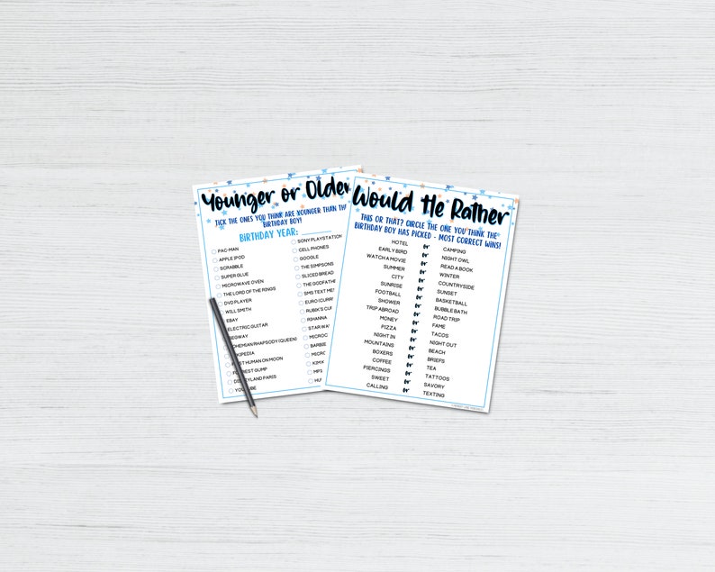 May include: Two printable game cards with blue and white text on a white background. The first card is titled "Younger or Older" and asks players to guess if the birthday boy is younger or older than the year listed. The second card is titled "Would He Rather" and asks players to guess which option the birthday boy would choose.