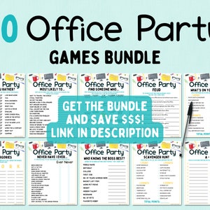 May include: A set of ten printable office party games. The games include "Would You Rather", "Most Likely To", "Find Someone Who", "Feud", "What's On Your Phone", "Scattergories", "Never Have I Ever", "Who Knows The Boss Best", "Scavenger Hunt", and "A-Z".