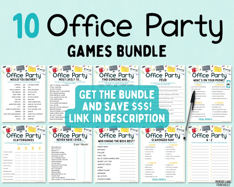 May include: A set of ten printable office party games. The games include "Would You Rather", "Most Likely To", "Find Someone Who", "Feud", "What's On Your Phone", "Scattergories", "Never Have I Ever", "Who Knows The Boss Best", "Scavenger Hunt", and "A-Z".
