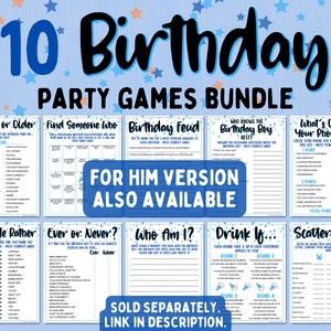 May include: A set of ten printable party games for a birthday celebration. The games are designed for a boy's birthday and feature blue and white stars with the text "10 Birthday Party Games Bundle".