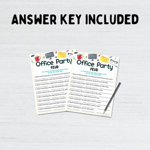 May include: Two printable game cards with a blue and white background. The cards are titled "Office Party Feud" and feature a list of questions to answer. The cards are decorated with office supplies like a stapler, a pencil, a folder, and a computer monitor.
