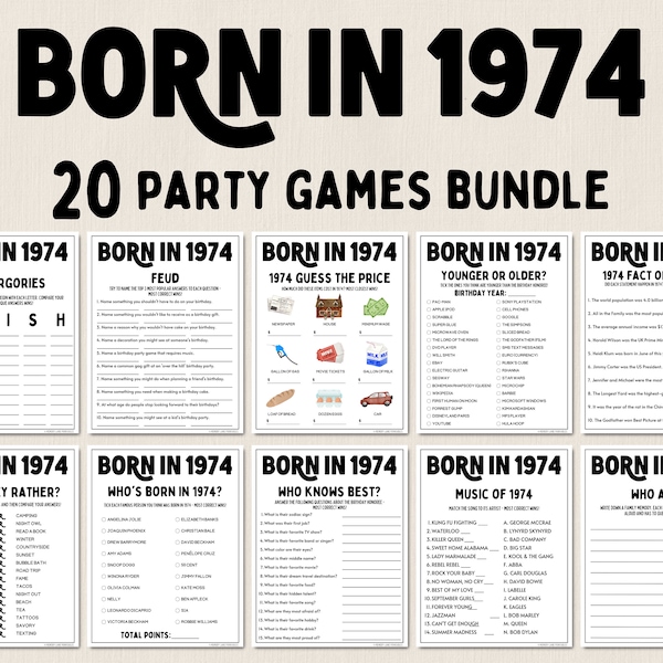 50th Birthday Party Games Bundle | Born in 1974 Games | 50th Birthday Games | Fun Printable Games | Party Games | Adult Games | Family Game