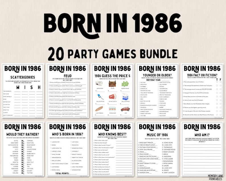 Lot de jeux de fête pour 40e anniversaire | Né en 1986 Jeux | Jeux du 40e anniversaire | Jeux imprimables amusants | Jeux de société | Jeux pour adultes | Jeu familial image 1