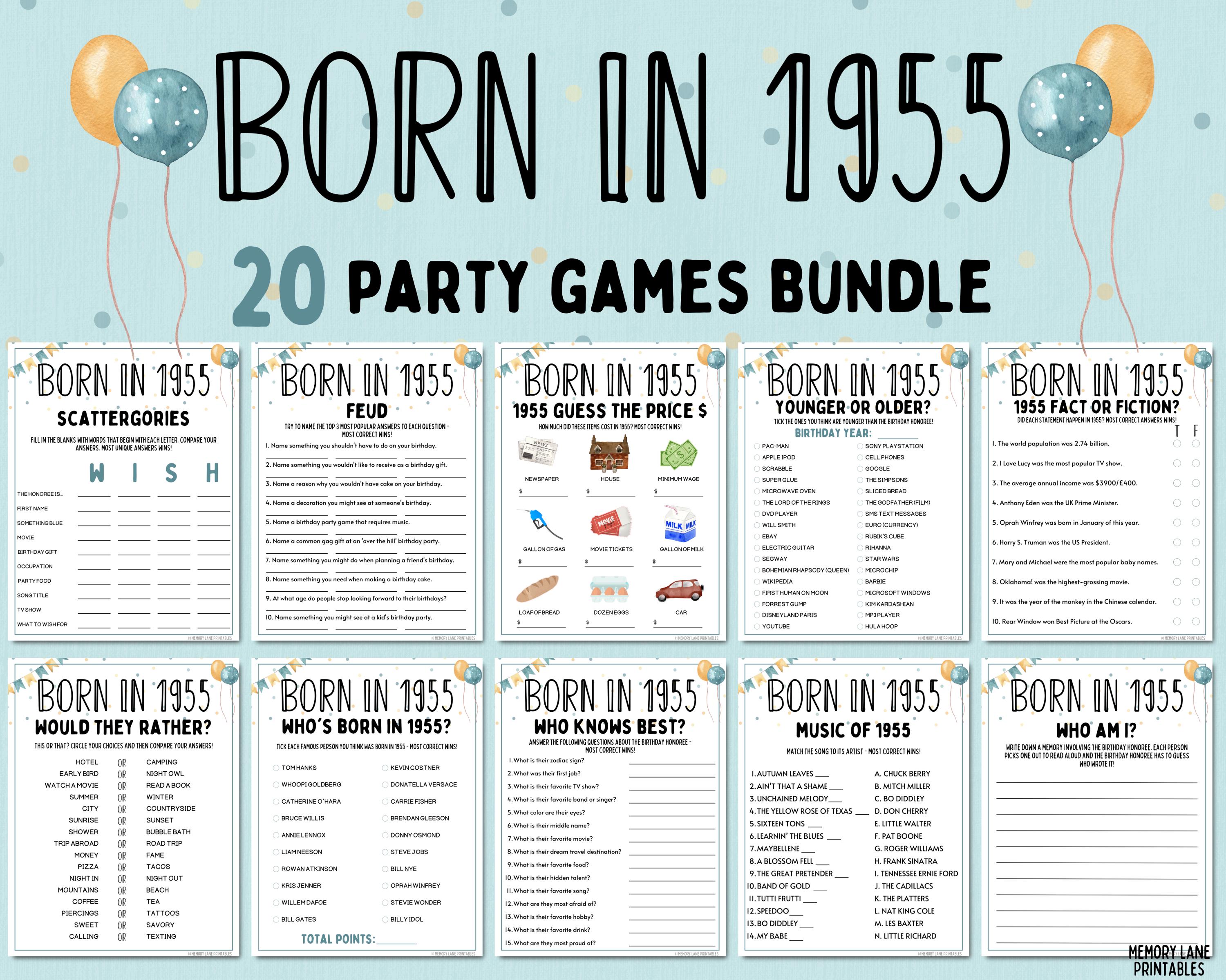 70er Geburtstag Party Spiele Bundle | Geboren 1955 Spiele | 70er Geburtstagsspiele | Lustige Druckbare Spiele | Gesellschaftsspiele | Spiele für Erwachsene | Familien Spiel