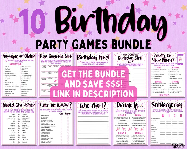 May include: A pink and white printable party game bundle for a 10th birthday. The bundle includes games like "Younger or Older", "Find Someone Who", "Birthday Feud", "Who Knows the Birthday Girl Best", "What's On Your Phone", "Would She Rather", "Ever or Never", "Who Am I", "Drink If", and "Scattergories".