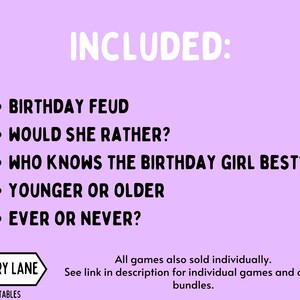 May include: Purple background with black text listing five birthday party games: Birthday Feud, Would She Rather, Who Knows the Birthday Girl Best, Younger or Older, and Ever or Never. The text "MEMORY LANE PRINTABLES" is at the bottom of the image.