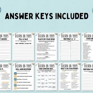 May include: A set of ten printable game cards for a 1995 birthday party. The cards are blue and white with a confetti design and include games like "Birthday Wishes", "Tell a Tale", "Plate on Your Head", "Birthday A-Z", "Ever or Never", "Drink If", "Roll and Respond", "Find Someone Who", "What's on Your Phone", and "Birthday Bucket List".