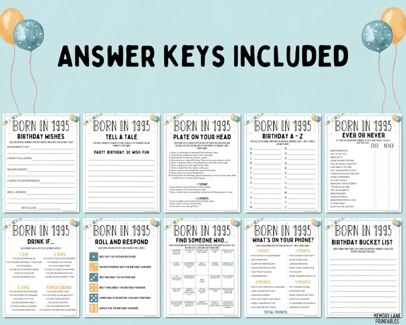 May include: A set of ten printable game cards for a 1995 birthday party. The cards are blue and white with a confetti design and include games like "Birthday Wishes", "Tell a Tale", "Plate on Your Head", "Birthday A-Z", "Ever or Never", "Drink If", "Roll and Respond", "Find Someone Who", "What's on Your Phone", and "Birthday Bucket List".