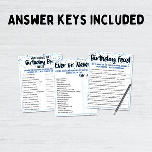 May include: Three printable game cards with blue and orange stars on a white background. The cards are titled "Who Knows the Birthday Boy Best?", "Ever or Never", and "Birthday Feud".