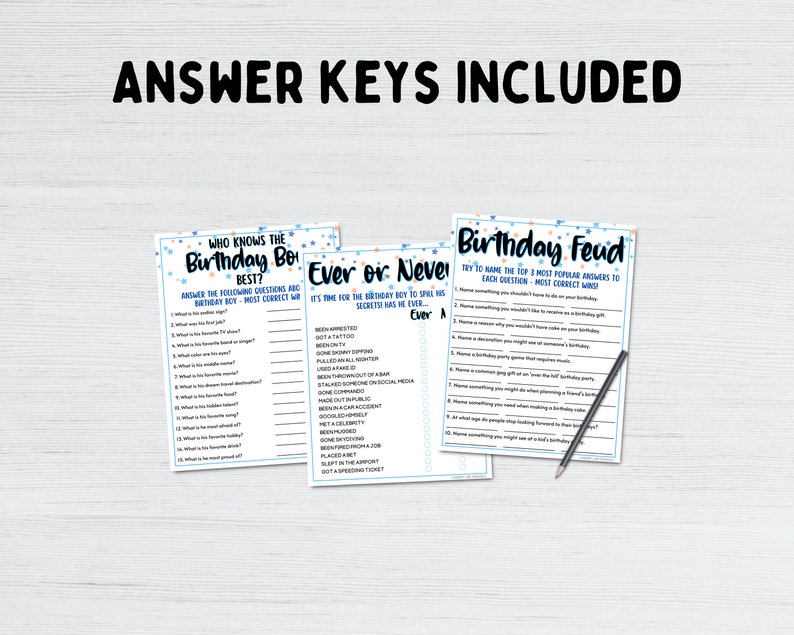 May include: Three printable game cards with blue and orange stars on a white background. The cards are titled "Who Knows the Birthday Boy Best?", "Ever or Never", and "Birthday Feud".