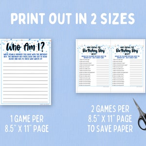 Op de afbeelding: Twee printbare spelkaarten voor een verjaardagsfeestje. De eerste kaart heeft de titel "Wie ben ik?" en heeft lege regels om herinneringen op te schrijven. De tweede kaart heeft de titel "Wie kent de jarige het beste?" en heeft meerkeuzevragen over de jarige. Beide kaarten zijn versierd met blauwe en witte sterren.