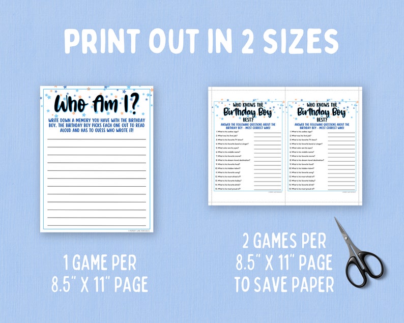 Op de afbeelding: Twee printbare spelkaarten voor een verjaardagsfeestje. De eerste kaart heeft de titel "Wie ben ik?" en heeft lege regels om herinneringen op te schrijven. De tweede kaart heeft de titel "Wie kent de jarige het beste?" en heeft meerkeuzevragen over de jarige. Beide kaarten zijn versierd met blauwe en witte sterren.