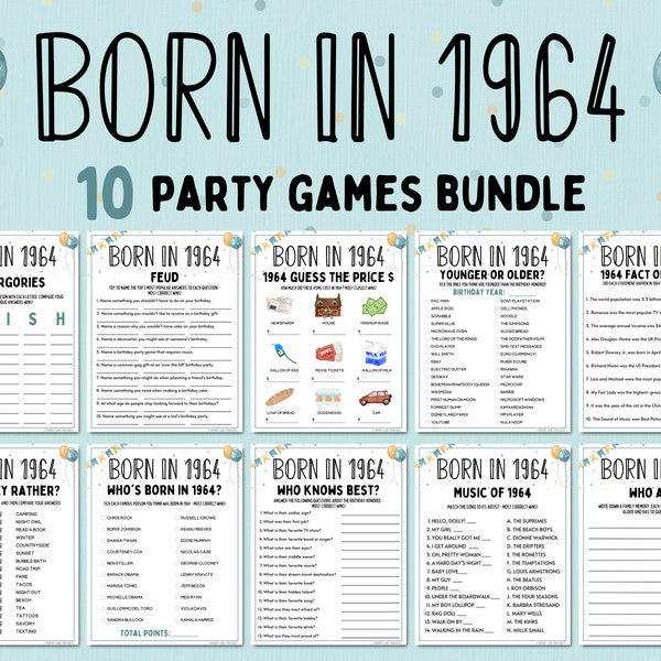 Lot de jeux de fête pour 60e anniversaire | Né en 1964 Jeux | Jeux du 60e anniversaire | Jeux imprimables amusants | Jeux de société | Jeux pour adultes | Jeu familial