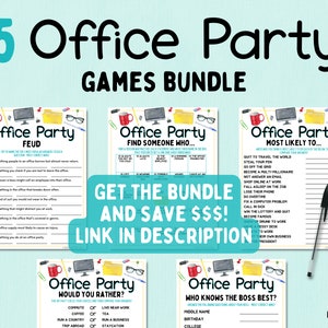 May include: A set of five printable office party games. The games include "Office Party Feud", "Office Party Find Someone Who", "Office Party Most Likely To", "Office Party Would You Rather", and "Office Party Who Knows The Boss Best". The games are illustrated with office supplies and a computer monitor.