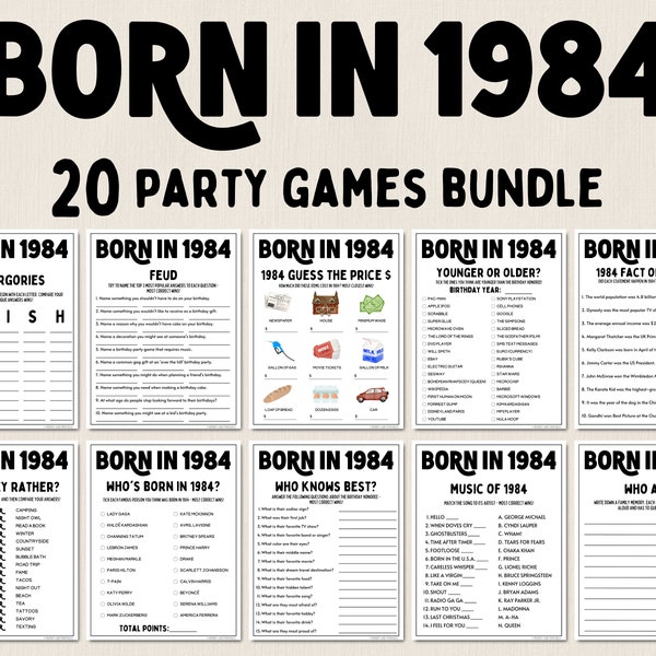 Paquete de juegos de fiesta de cumpleaños número 40 / Juegos nacidos en 1984 / Juegos de cumpleaños número 40 / Juegos imprimibles divertidos / Juegos de fiesta / Juegos para adultos / Juego familiar