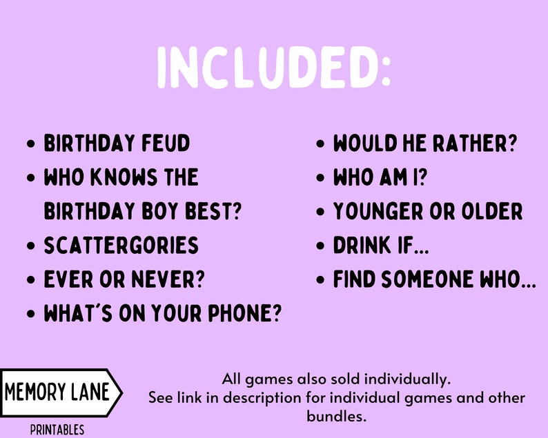 Op de afbeelding: Paarse achtergrond met witte tekst die verschillende partygames opsomt: Birthday Feud, Who Knows the Birthday Boy Best?, Scattergories, Ever or Never?, What's on Your Phone?, Would He Rather?, Who Am I?, Younger or Older, Drink If..., Find Someone Who..., Memory Lane Printables.