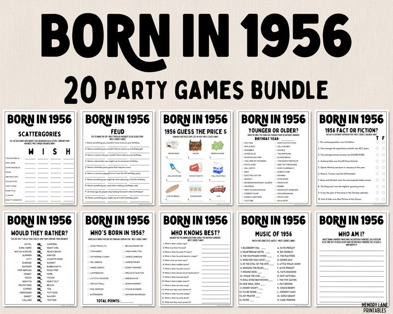 Bundel feestspellen 70e verjaardag | Geboren in 1956 Games | Spelletjes 70e verjaardag | Leuke afdrukbare games | Feestspellen | Spelletjes voor volwassenen | Familiespel afbeelding 1