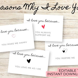 Tarjetas con motivos por los que te amo / Notas de amor imprimibles / Regalos personalizados de San Valentín y aniversario para él, ella, novio o novia