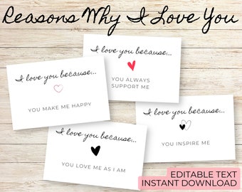 Reasons Why I Love You Cards | Printable Love Notes | Personalised Valentine's Day, Anniversary Gift for Him, Her, Boyfriend, Girlfriend