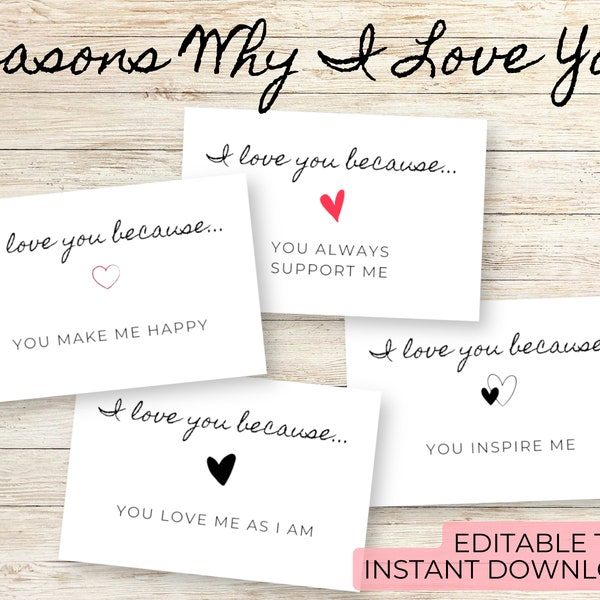 Reasons Why I Love You Cards | Printable Love Notes | Personalised Valentine's Day, Anniversary Gift for Him, Her, Boyfriend, Girlfriend