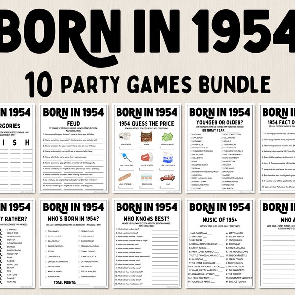 70th Birthday Party Games Bundle | Born in 1954 Games | 70th Birthday Games | Fun Printable Games | Party Games | Adult Games | Family Game