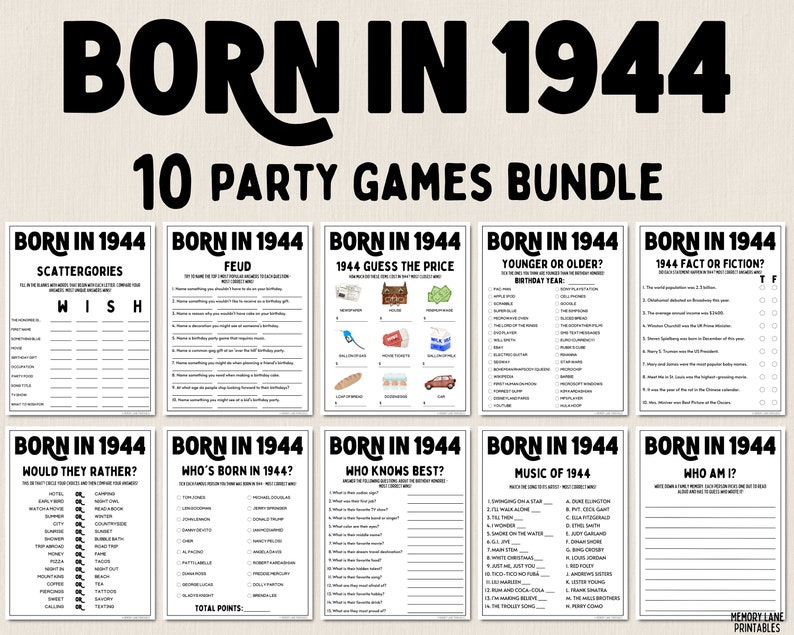 80th Birthday Party Games Bundle Born in 1944 Games 80th Birthday Games Fun Printable Games Party Games Adult Games Family Game image 1