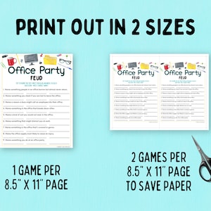 May include: Printable Office Party Feud game with two versions: one game per 8.5 x 11 inch page and two games per 8.5 x 11 inch page to save paper. The game features questions about office situations and requires players to name the most ridiculous answers.