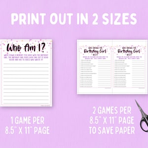 May include: Printable game for a birthday party. Two versions of the game are shown, one with a blank page for guests to write down a memory with the birthday girl and the other with questions about the birthday girl. The text "Who Am I?" and "Who Knows the Birthday Girl Best?" is visible on the game cards. The game cards are pink with white lines and white stars.