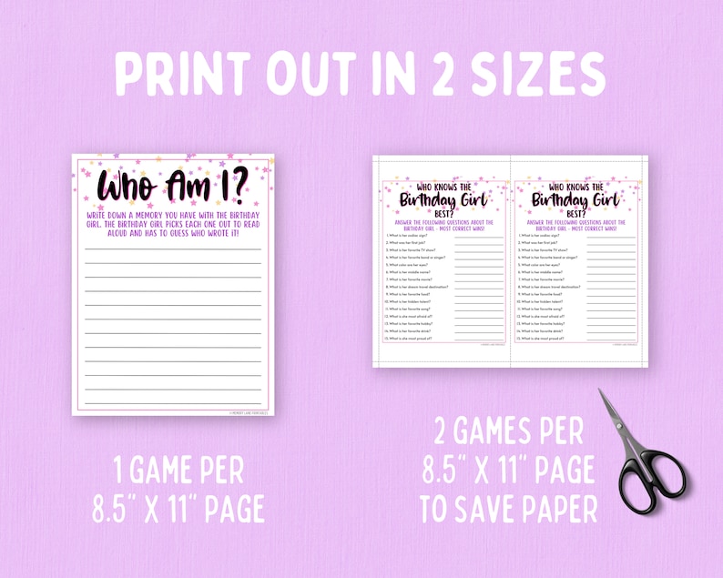 May include: Printable game for a birthday party. Two versions of the game are shown, one with a blank page for guests to write down a memory with the birthday girl and the other with questions about the birthday girl. The text "Who Am I?" and "Who Knows the Birthday Girl Best?" is visible on the game cards. The game cards are pink with white lines and white stars.