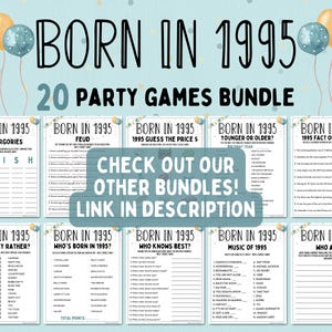 Puede incluir: Un paquete de 20 juegos de fiesta con el texto "BORN IN 1995" y t&iacute;tulos de juegos como "Scattergories" y "Feud". La imagen incluye globos y el texto "CHECK OUT OUR OTHER BUNDLES! LINK IN DESCRIPTION."