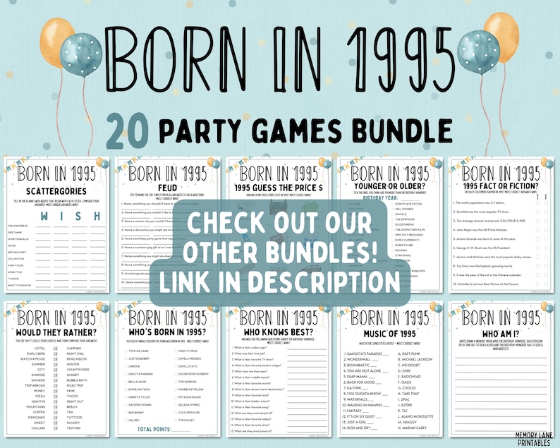 Puede incluir: Un paquete de 20 juegos de fiesta con el texto "BORN IN 1995" y t&iacute;tulos de juegos como "Scattergories" y "Feud". La imagen incluye globos y el texto "CHECK OUT OUR OTHER BUNDLES! LINK IN DESCRIPTION."