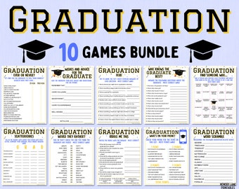 May include: A bundle of 10 graduation games with a black mortarboard graphic. The title "GRADUATION" is in large yellow and black letters. The games include "Ever or Never?", "Scattergories", and "Word Scramble".