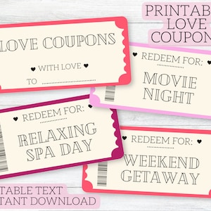 Love Coupon Book | Printable Love Coupons for Him, for Her | Editable Valentine&#39;s Coupons | Valentine&#39;s Day Gift for Boyfriend, Girlfriend