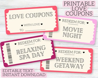Love Coupon Book | Printable Love Coupons for Him, for Her | Editable Valentine's Coupons | Valentine's Day Gift for Boyfriend, Girlfriend