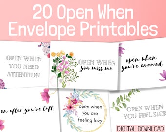 20 Open When Envelopes Printable | Going Away Gift | Long Distance Boyfriend, Girlfriend | Anniversary | Valentine's Day Present