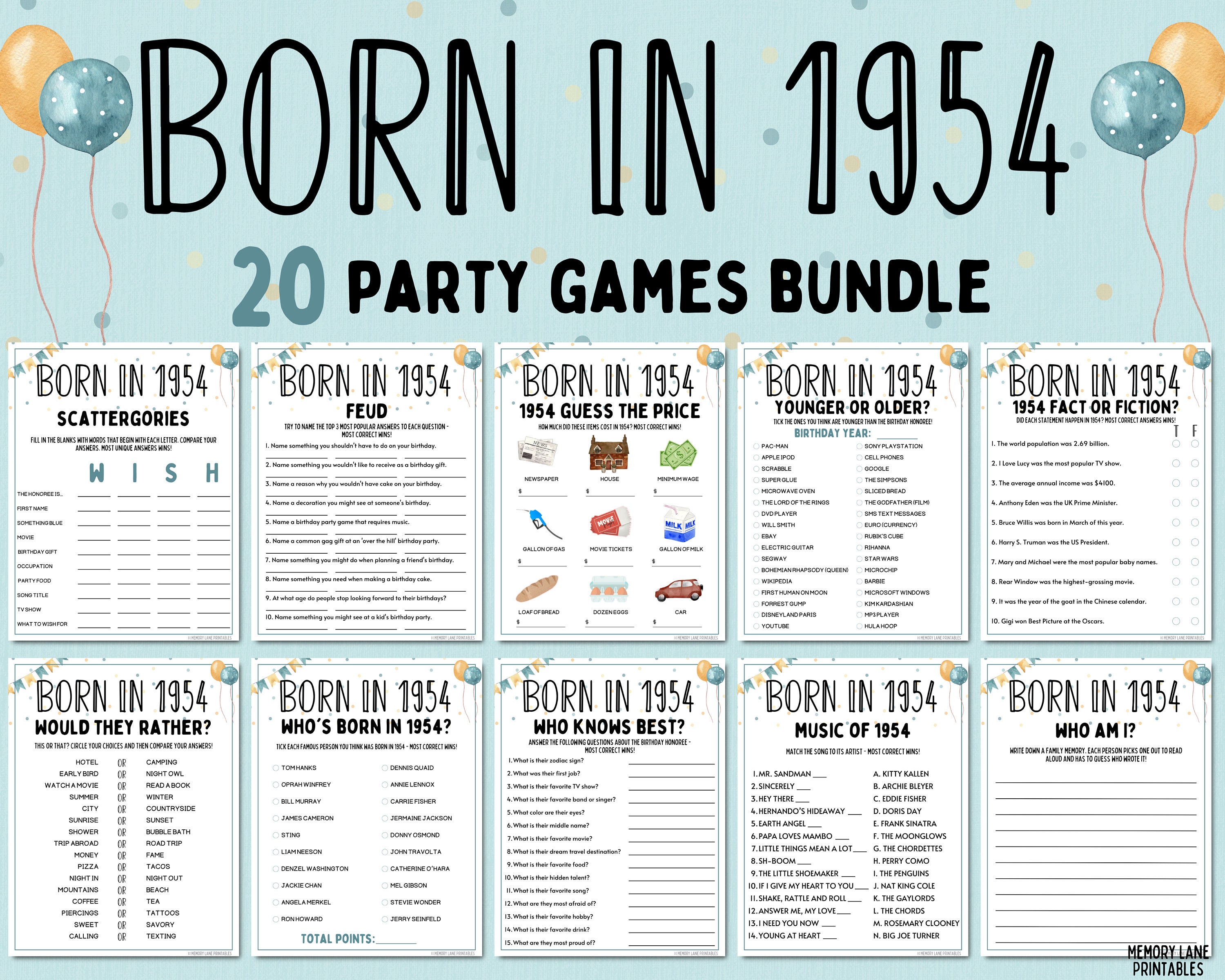 70th Birthday Party Games Bundle Born in 1954 Games 70th Birthday Games ...